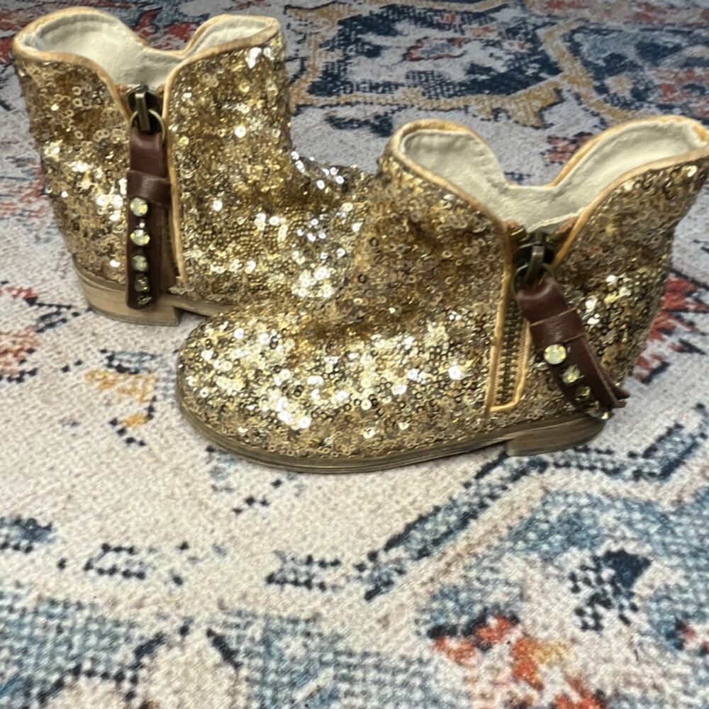 JOYFOLIE Arya Gold Sequin Zip Ankle Boots Fabric Girls US 8